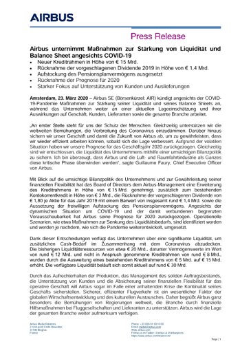Airbus unternimmt Maßnahmen zur Stärkung von Liquidität und Balance Sheet angesichts COVID-19