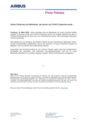 Airbus Statement On Employee Tested Positive For Covid 19 Press Release Airbus