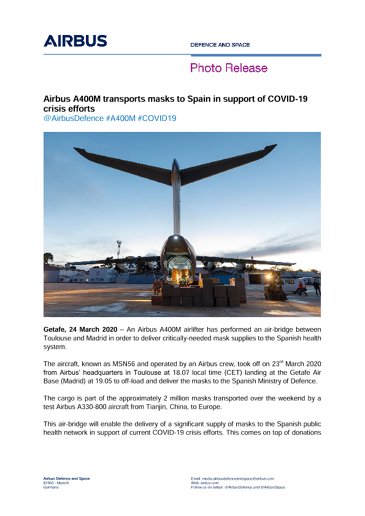 Airbus A400M transports masks to Spain in support of COVID-19 crisis efforts 