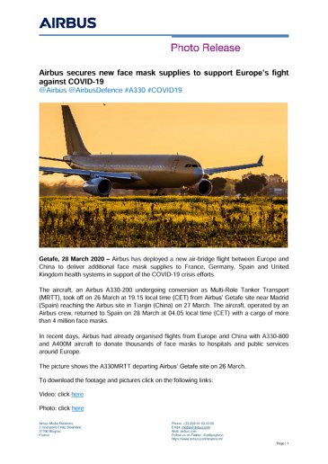 Airbus secures new face mask supplies to support Europe’s fight against COVID-19