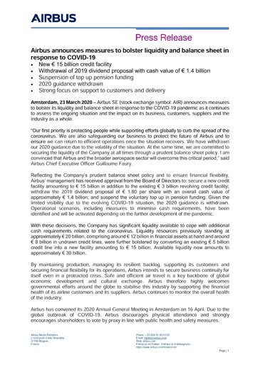 Airbus announces measures to bolster liquidity and balance sheet in response to COVID-19