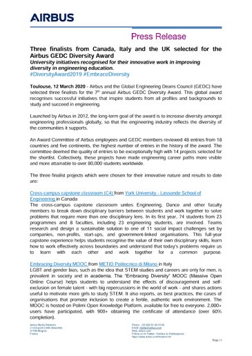 Three finalists from Canada, Italy and the UK selected for the Airbus GEDC Diversity Award