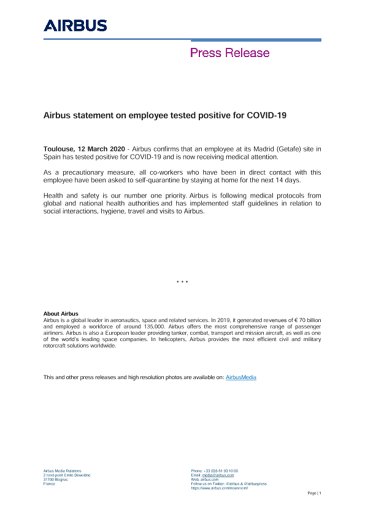Airbus Statement On Employee Tested Positive For Covid 19 Press