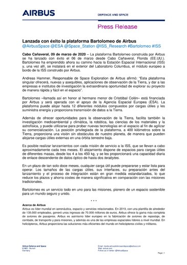 Lanzada con éxito la plataforma Bartolomeo de Airbus