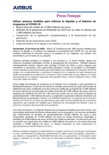 Airbus anuncia medidas para reforzar la liquidez y el balance en respuesta al COVID-19