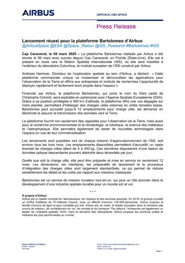 Lancement réussi pour la plateforme Bartolomeo d’Airbus