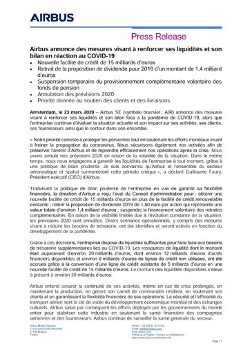 Airbus annonce des mesures visant à renforcer ses liquidités et son bilan en réaction au COVID-19