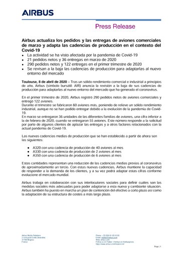 Airbus actualiza los pedidos y las entregas de aviones comerciales de marzo y adapta las cadencias de producción en el contexto del Covid-19