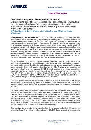 CIMON-2 concluye con éxito su debut en la ISS 