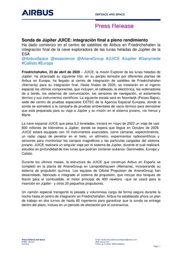 Sonda de Júpiter JUICE: integración final a pleno rendimiento