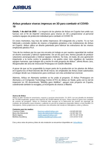 Airbus produce viseras impresas en 3D para combatir el COVID-19