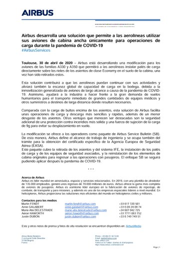 Airbus desarrolla una solución que permite a las aerolíneas utilizar sus aviones de cabina ancha únicamente para operaciones de carga durante la pandemia de COVID-19