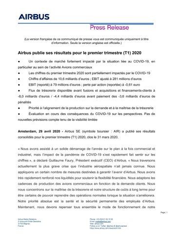 Airbus publie ses résultats pour le premier trimestre (T1) 2020