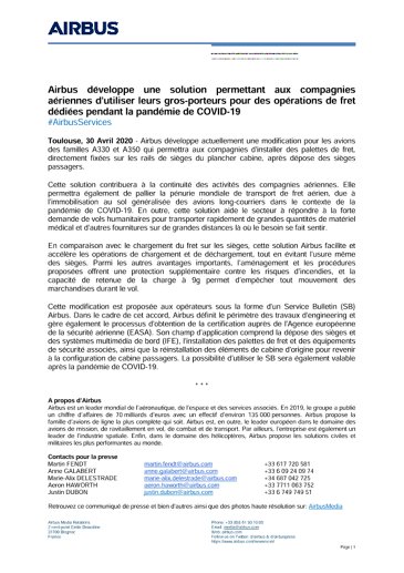 Airbus développe une solution permettant aux compagnies aériennes d'utiliser leurs gros-porteurs pour des opérations de fret dédiées pendant la pandémie de COVID-19