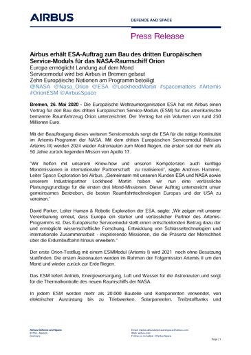 Airbus erhält ESA-Auftrag zum Bau des dritten Europäischen Service-Moduls für das NASA-Raumschiff Orion