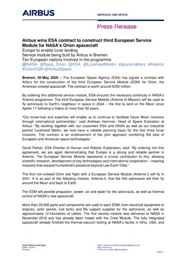 Airbus wins ESA contract to construct third European Service Module for NASA’s Orion spacecraft