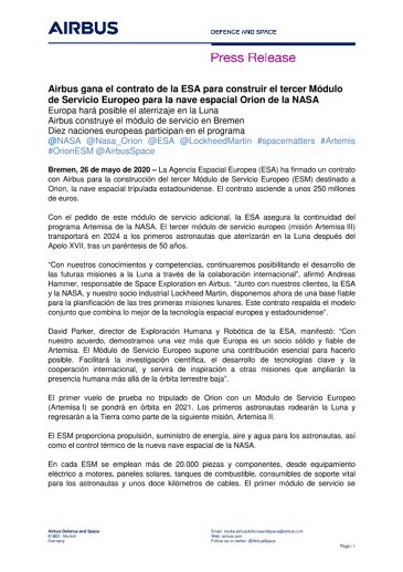 Airbus gana el contrato de la ESA para construir el tercer Módulo de Servicio Europeo para la nave espacial Orion de la NASA