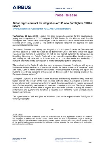 Airbus signs contract for integration of 115 new Eurofighter ESCAN radars