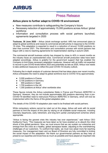 Airbus plans to further adapt to COVID-19 environment