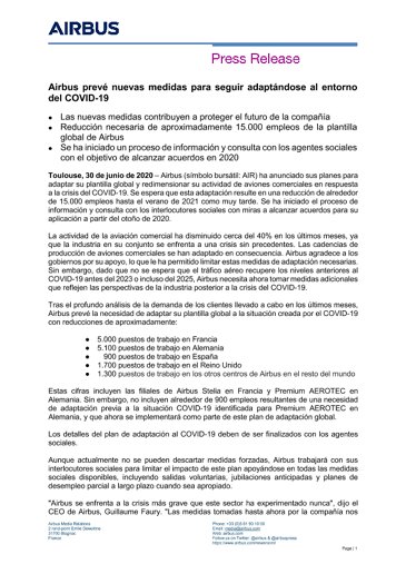 Airbus prevé nuevas medidas para seguir adaptándose al entorno del COVID-19