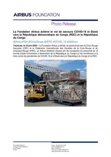 Airbus Foundation completes COVID-19 and Ebola relief flight to the Democratic Republic of the Congo (DRC) and Republic of the Congo