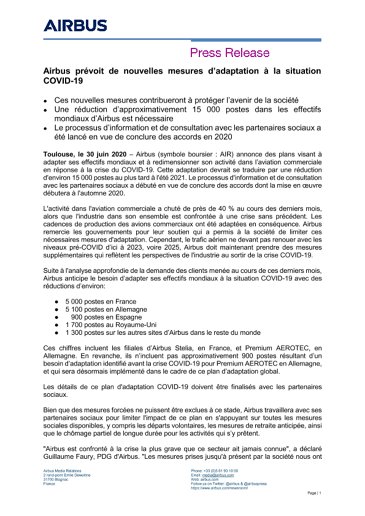 Airbus prévoit de nouvelles mesures d’adaptation à la situation COVID-19