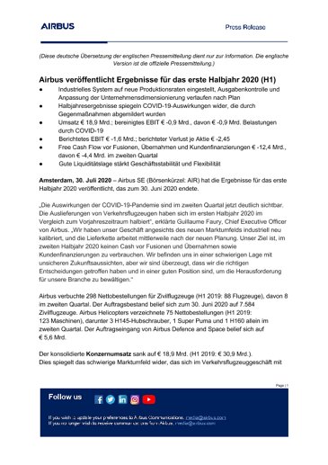 Airbus veröffentlicht Ergebnisse für das erste Halbjahr 2020 (H1)