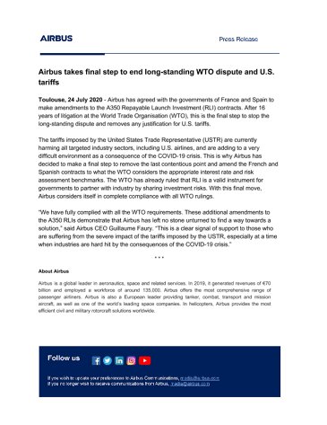 Airbus takes final step to end long-standing WTO dispute and U.S. tariffs