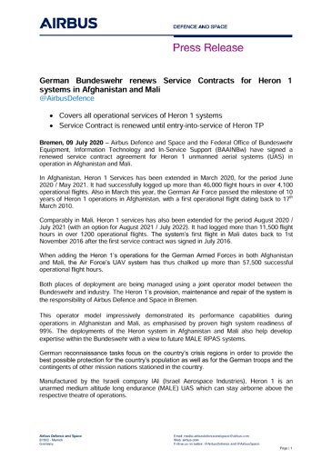 German Bundeswehr renews Service Contracts for Heron 1 systems in Afghanistan and Mali