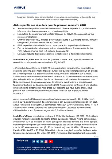 Airbus publie ses résultats pour le premier semestre 2020