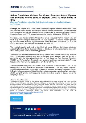 Airbus Foundation, Chilean Red Cross, Servicios Aereos Kipreos and Servicios Aereos SumaAir support COVID-19 relief efforts in Chile