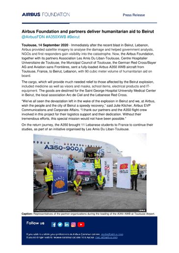 Airbus Foundation and partners deliver humanitarian aid to Beirut