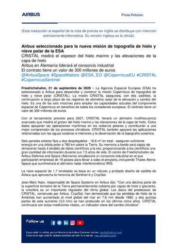 Airbus seleccionado para la nueva misión de topografía de hielo y nieve polar de la ESA