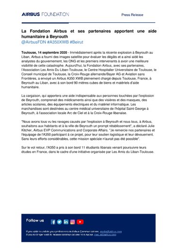 La Fondation Airbus et ses partenaires apportent une aide humanitaire à Beyrouth