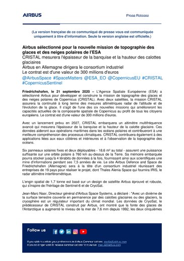 Airbus sélectionné pour la nouvelle mission de topographie des glaces et des neiges polaires de l'ESA