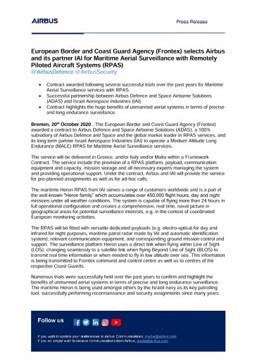 European Border and Coast Guard Agency (Frontex) selects Airbus and its partner IAI for Maritime Aerial Surveillance with Remotely Piloted Aircraft Systems (RPAS) 