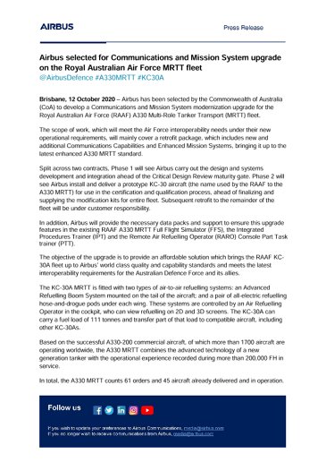 Airbus selected for Communications and Mission System upgrade on the Royal Australian Air Force MRTT fleet