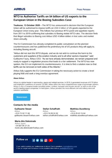 WTO to authorise tariffs on $4 billion of US exports to the European Union in the Boeing Subsidies Case