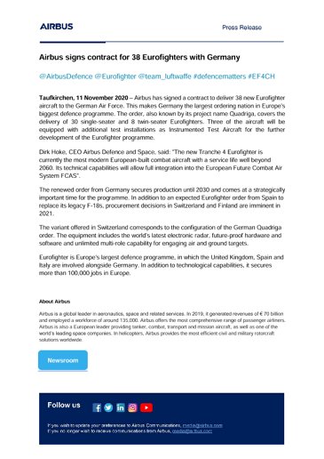 Airbus signs contract for 38 Eurofighters with Germany