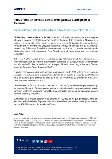 Airbus firma un contrato para la entrega de 38 Eurofighters a Alemania