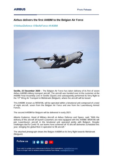 Airbus delivers the first A400M to the Belgian Air Force