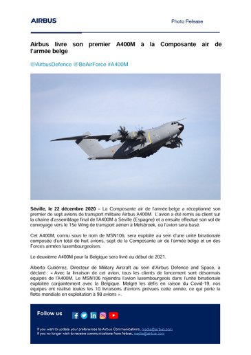 Airbus livre son premier A400M à la Composante air de l'armée belge