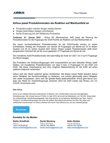 Airbus passt Produktionsraten als Reaktion auf Marktumfeld an