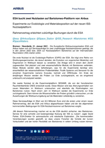 ESA bucht zwei Nutzlasten auf Bartolomeo-Plattform von Airbus