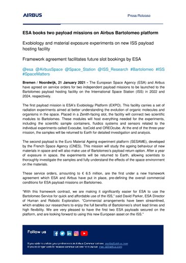 ESA books two payload missions on Airbus Bartolomeo platform