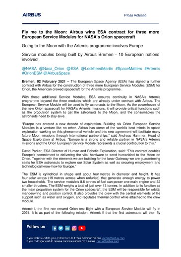 Fly me to the Moon: Airbus wins ESA contract for three more European Service Modules for NASA’s Orion spacecraft