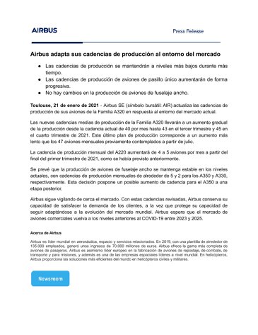 Airbus adapta sus cadencias de producción al entorno del mercado 