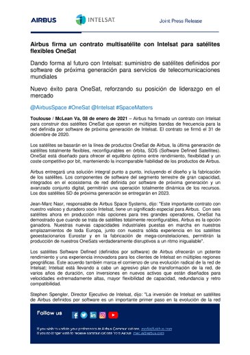 Airbus firma un contrato multisatélite con Intelsat para satélites flexibles OneSat