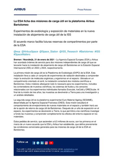 La ESA ficha dos misiones de carga útil en la plataforma Airbus Bartolomeo