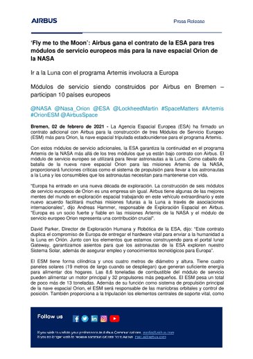Fly me to the Moon’: Airbus gana el contrato de la ESA para tres módulos de servicio europeos más para la nave espacial Orion de la NASA